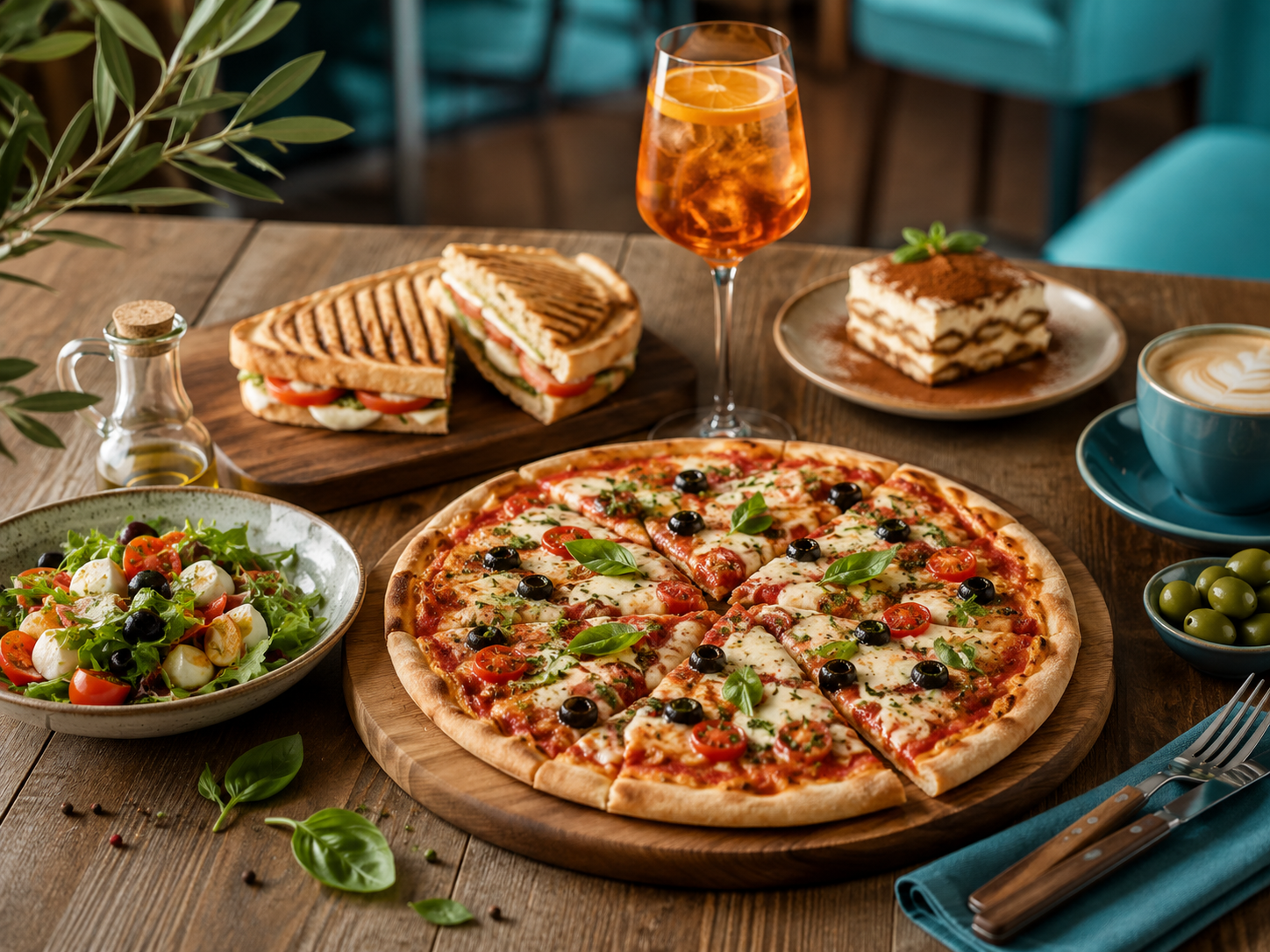 Pizza, panini, saláty a nápoje v bistru